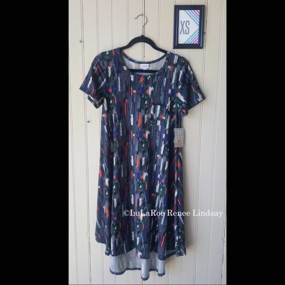 LuLaRoe Carly Dress | XS | NWT | Blue Abstract Brushstroke High-Low Swing Dress
